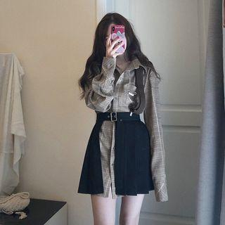 Set: Long Sleeve Plaid Shirt + Pleated A-line Skirt