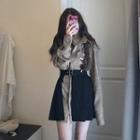 Set: Long Sleeve Plaid Shirt + Pleated A-line Skirt