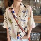 Short-sleeve V-neck Pattern Shirt As Shown In Figure - One Size