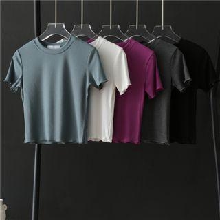 Short-sleeve Lettuce Edge Plain Cropped T-shirt