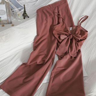 Set: Bow-accent Camisole Top + Wide Leg Pants