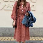 Long-sleeve Floral Print Midi Dress / Buttoned Denim Jacket