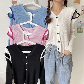 Off-shoulder Long-sleeve Contrast Trim Knit Top