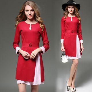 Gathered-waist Long-sleeved Crewneck A-line Plain Panel Sheath Dress
