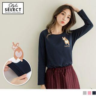 Corgi Letter Embroidered Long Sleeve T-shirt
