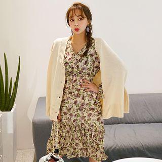 Wrap-front Crinkled Midi Floral Dress