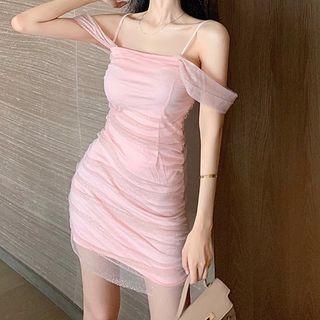 Cold-shoulder Ruched Mini Sheath Mesh Dress