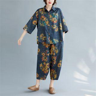 Set: Elbow-sleeve Floral Print Shirt + Cropped Harem Pants As Shown In Figure - One Size