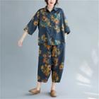 Set: Elbow-sleeve Floral Print Shirt + Cropped Harem Pants As Shown In Figure - One Size