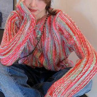 Color Block Cardigan Stripe - Light Blue & Red - One Size