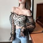 Dot Off-shoulder Long-sleeve Slim-fit Blouse / Faux-leather High-waist Shorts