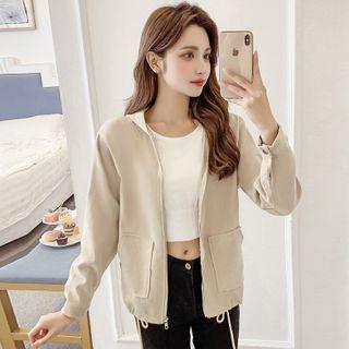Hooded Zip Plain Corduroy Jacket