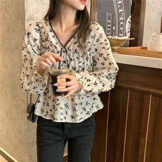 Floral Print V-neck Long-sleeve Blouse Almond - One Size