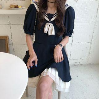 Balloon-sleeve Sailor-collar A-line Dress Dark Blue - One Size