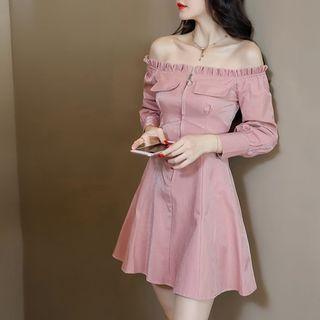 Off-shoulder Long-sleeve Frill-trim Mini A-line Dress