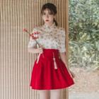 Elbow-sleeve Mini Skirt Hanbok Set (floral / Red)