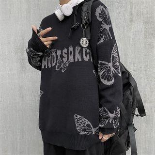 Butterfly Print Lettering Sweater