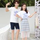 Couple Matching Set: Printed Short-sleeve T-shirt + Mesh Panel Plaid Midi Skirt / Printed Short-sleeve T-shirt