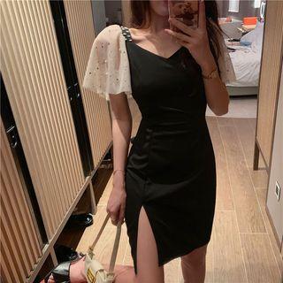 Short-sleeve Mesh-panel Beaded Dress