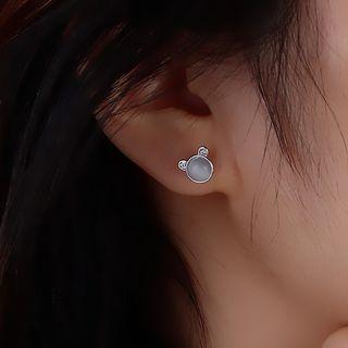 Bear Rhinestone Faux Cat Eye Stone Alloy Earring With Box - 1 Pair - Silver - One Size