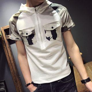 Camouflage Panel Short-sleeve Hooded Top