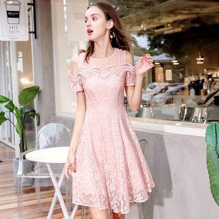 Shoulder Cut Out Short-sleeve A-line Lace Dress