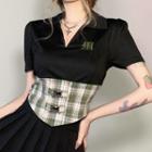 Short-sleeve Lettering Buckled Plaid Crop Top