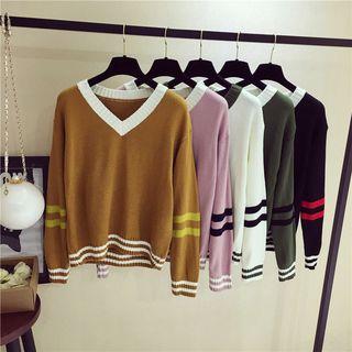 Contrast Trim V-neck Long-sleeve Knit Sweater