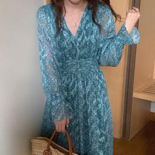 Puff-sleeve Floral Print Midi A-line Chiffon Dress Blue - One Size