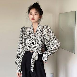 Tie-front Leopard Long-sleeve Blouse As Shown In Figure - One Size