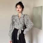 Tie-front Leopard Long-sleeve Blouse As Shown In Figure - One Size