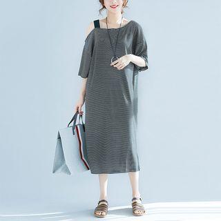 Cut Out Shoulder Pinstriped Elbow Sleeve Midi Dress