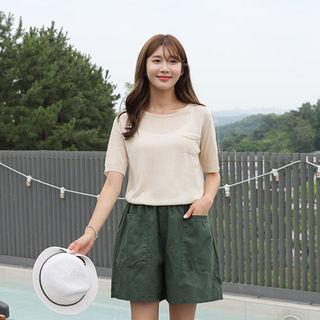 Round-neck Pocket-detail Sheer Knit Top
