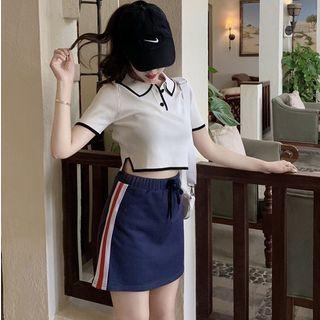 Set: Short-sleeve Contrast Trim Polo Shirt + Striped Trim A-line Mini Skirt