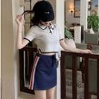 Set: Short-sleeve Contrast Trim Polo Shirt + Striped Trim A-line Mini Skirt