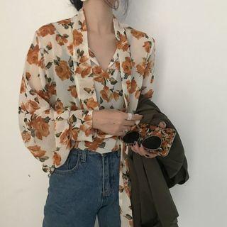 Puff-sleeve Floral Printed Blouse