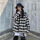 Checkered Print Zip-up Furry Jacket