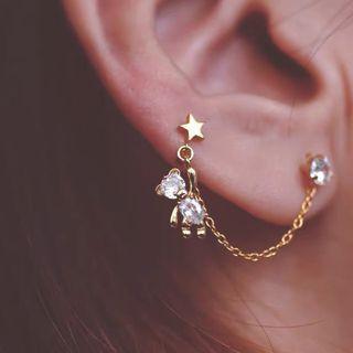 Bear Rhinestone Chained Alloy Earring 1 Pair - My32139 - Silver Rhinestone - Gold - One Size