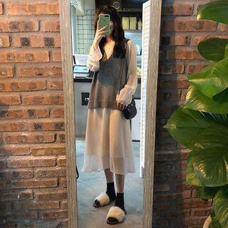 Plain Sweater Vest / Long-sleeve Mesh Overlay Midi A-line Dress