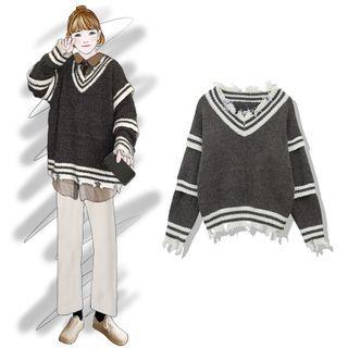 Ripped Paneled Sweater Gray - One Size