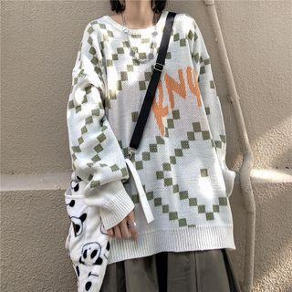 Long-sleeve Round Neck Checkered Letter Sweater