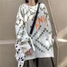 Long-sleeve Round Neck Checkered Letter Sweater