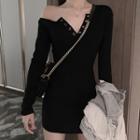 One Shoulder Long-sleeve Mini T-shirt Dress Black - One Size
