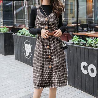 Set: Mock Neck Long-sleeve Top + Patterned Strappy Dress