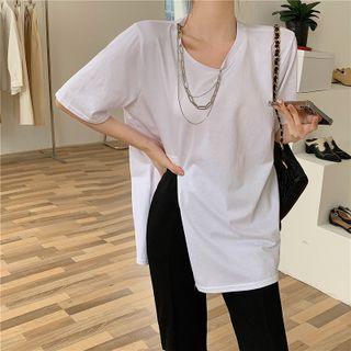 Short Sleeve Chain Detail Slit T-shirt/ High Waist Boot Cut Pants