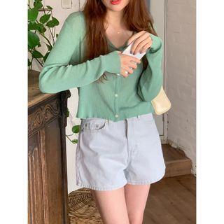 Long Sleeve Round Neck Plain Cropped Cardigan Green - One Size