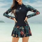 Set: Long-sleeve Floral Print Panel Swim Top + Swim Skirt