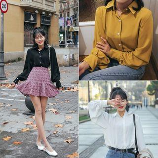 Bishop-sleeve Chiffon Blouse With Leopard Tie