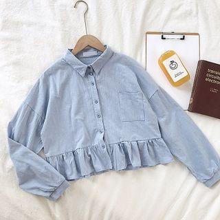 Plain Ruffled-trim Long-sleeve Top