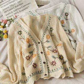 Embroidered Open-knit V-neck Shirt